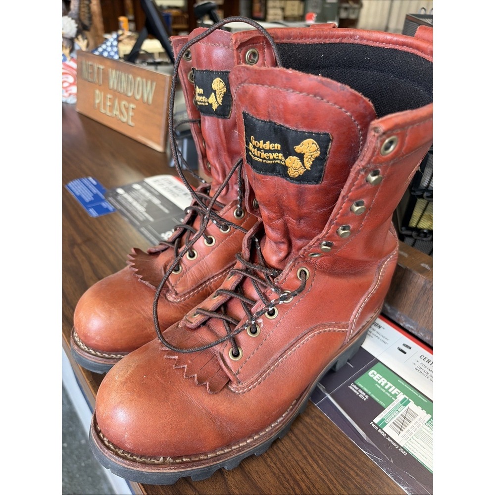 VTG Golden Retriever 9015 Deluxe Logger Boots Men's 8M Red Oak - Excellent Tread